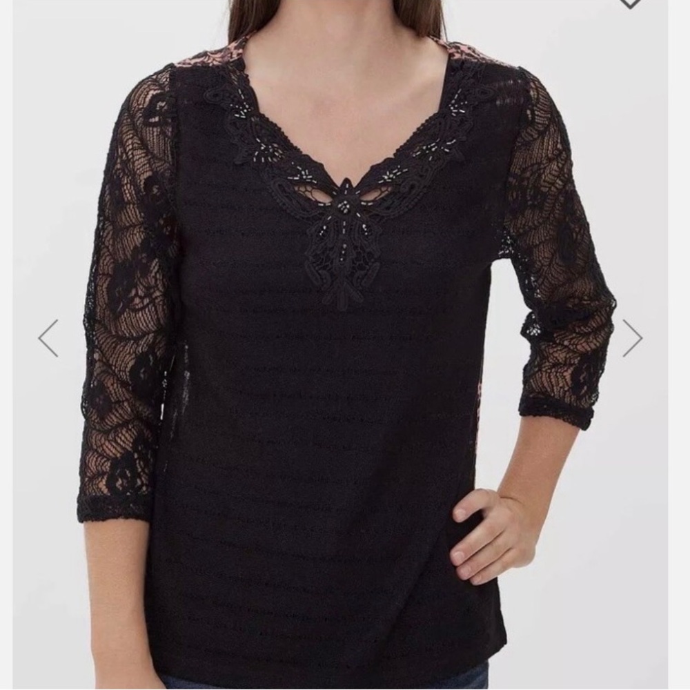 Miss Me Black Lace Sleeve V-Neck Top with Pink Trim